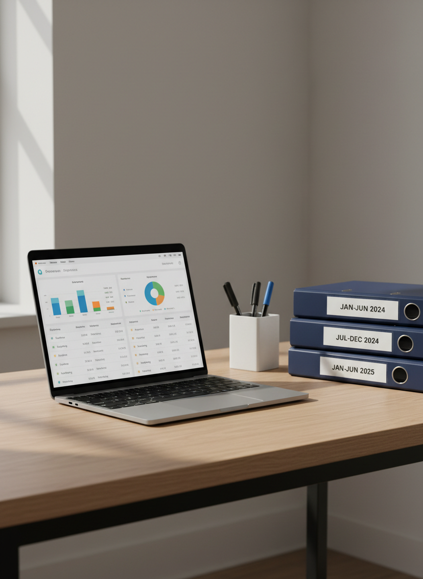 A sleek, modern bookkeeping workspace featuring a slim silver laptop open to a clean, well-organized financial dashboard with colorful bar charts and categorized expense lists. The laptop rests on a light oak desk with a soft matte finish, accompanied by a neatly stacked set of navy-blue binders labeled with small business months and years, and a minimalist white ceramic pen holder with a few fine-tip pens. Soft natural daylight from an unseen window washes across the scene, creating gentle reflections on the laptop screen and subtle shadows along the desk edge. Photographed at an eye-level angle with a shallow depth of field, the background fades into a softly blurred, neutral-toned office wall. The mood is calm, professional, and trustworthy, with photographic realism and a clean, modern aesthetic ideal for a remote bookkeeping brand.