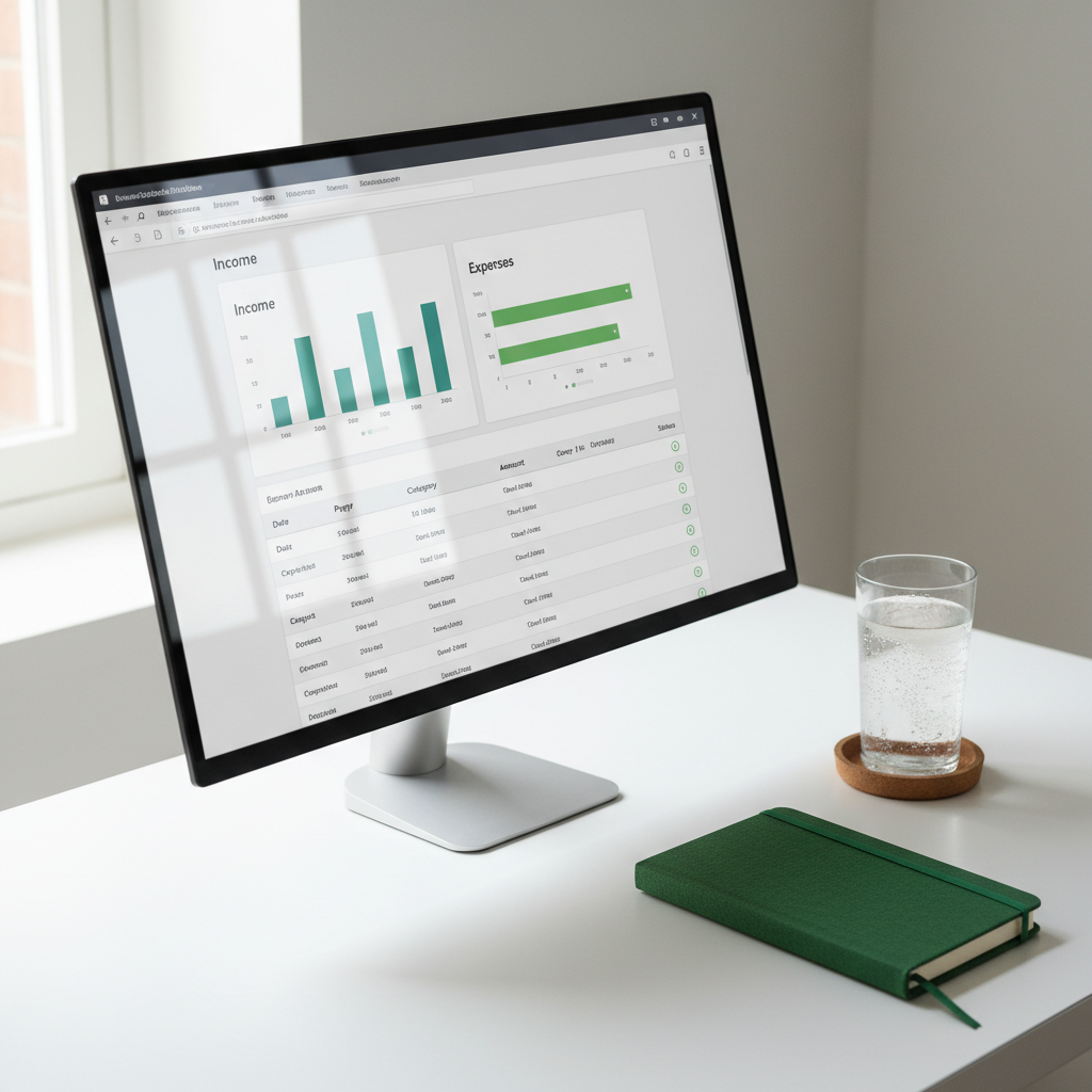 A close-up, photographic realism scene of a meticulously organized cloud-based bookkeeping setup, showing a large, ultra-thin monitor displaying a QuickBooks Online-style interface with clearly labeled income and expense categories, tidy transaction lists, and neat green status indicators. The monitor stands on a white, clutter-free desk alongside a small, closed forest-green notebook with a textured cover and an elegant metal bookmark ribbon. A glass of sparkling water with condensation rests on a coaster, adding a fresh, focused feel. Soft, diffused afternoon light spills in from the left, creating faint reflections on the monitor’s bezel and subtle shadows behind objects. Captured from a slightly angled side view, the composition uses the rule of thirds to emphasize the screen. The mood is organized, efficient, and reliable, embodying stress-free remote bookkeeping support for small businesses.