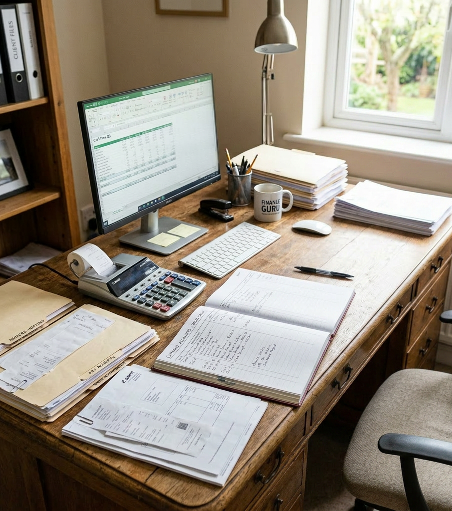 Woman working on financial records and spreadsheet at home desk